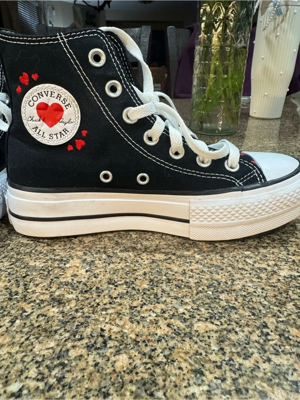 Converse Kids Black High-Top Sneakers with Red Heart Print platform